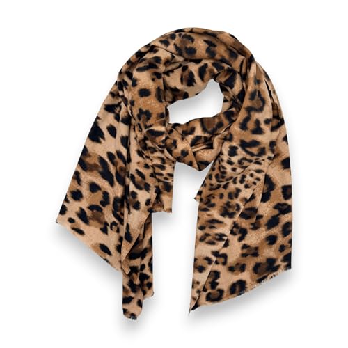 Ziona Damen Leo Schal 180x80 cm – Kuscheliger XXL Winterschal mit Leopardenmuster – Weiches Halstuch Braun Beige Leo-Print Damen für Herbst & Winter