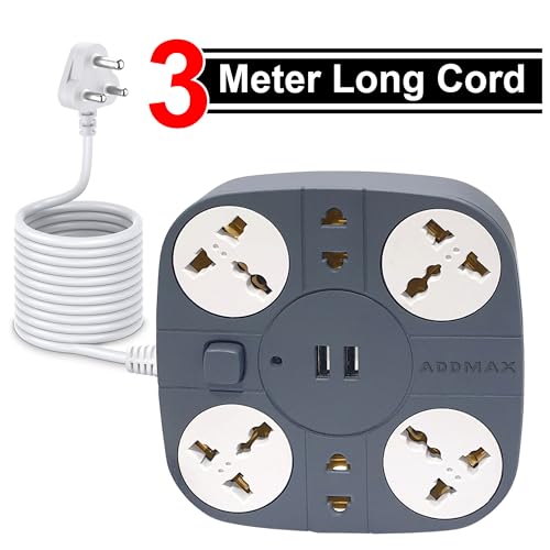 Image of ADDMAX Extension Board with USB | 6 Power Sockets, 2 USB Ports + 1 Type-C Port | 3 Meter Heavy Duty Cord | 10A 220V Multi Plug Extension Cord | Fireproof Power Strip for Home, Office & Laptop - Grey