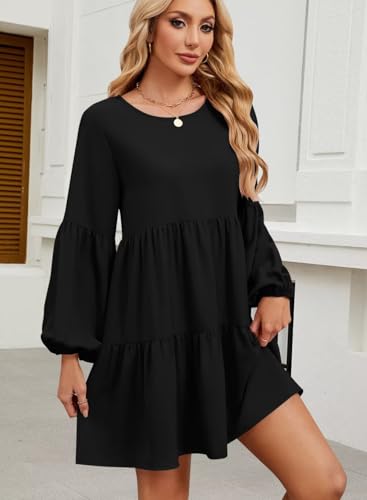 Image of QACOHU Falll Dresses for Women 2026 Crew Neck Long Lantern Sleeve Casual Loose Flowy Swing Shift Dress