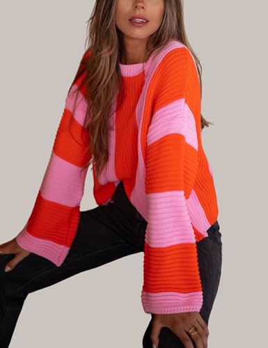 InterNos Womens Striped Bell Sleeve Pullover Sweater Loose Color Block Crew Neck Vertical Knitwear3