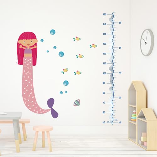 Image of Cute Mermaid Height Chart Wall Sticker - Pink Tail Nursery Growth Measurement Decal - Peel and Stick Vinyl - Non-Toxic Baby Room Decoration - Removable Kids Bedroom Wall Art