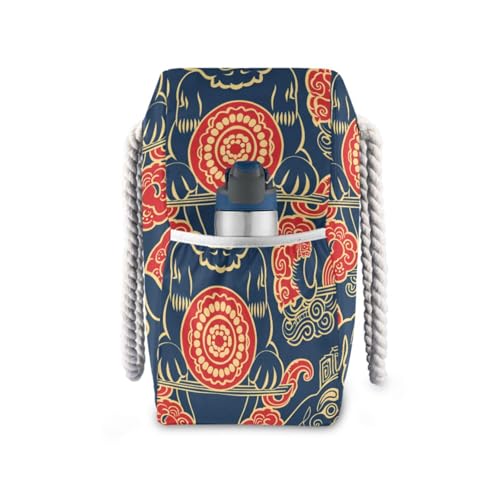 Ethnic Dog Design Blue Red Sturdy Zippered Tote Bags with side pocketes Womens Tote Bag Perfect for Travel Pool Swim Beach Vacation Necessities3