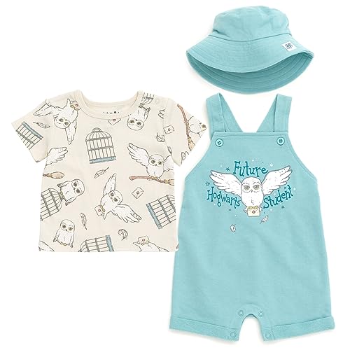Image of Harry Potter Hermione Hedwig Ron Weasley Baby French Terry Short Overalls T-Shirt & Hat 3 Piece Outfit Newborn to Infant