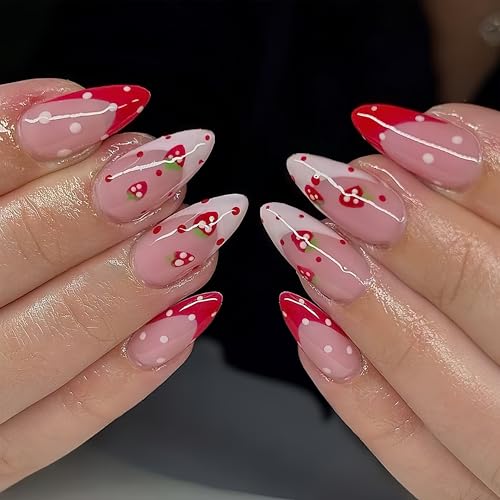 24Pcs Cute Strawberry Press on Nails Medium Almond Fake Nails