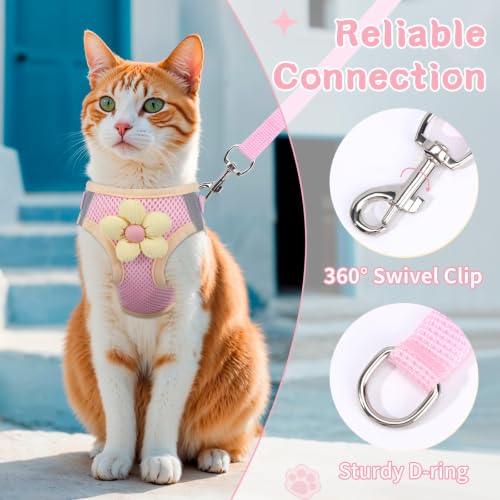 Cat Harness and Leash Set, Escape Proof Soft Vest Walk Pink XS | Adjustable, Easy Wear, Breathable Comfy Mesh, Reflective Strips, Sturdy Clip Buckle Flower Harness for Cats Kitty Puppy Bunny - Image 6
