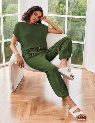 Image of Ekouaer Two Piece Outfits Lounge Sets for Women Sweater Sets Knit Short Sleeve Tops Jogger Pants Matching Tracksuit