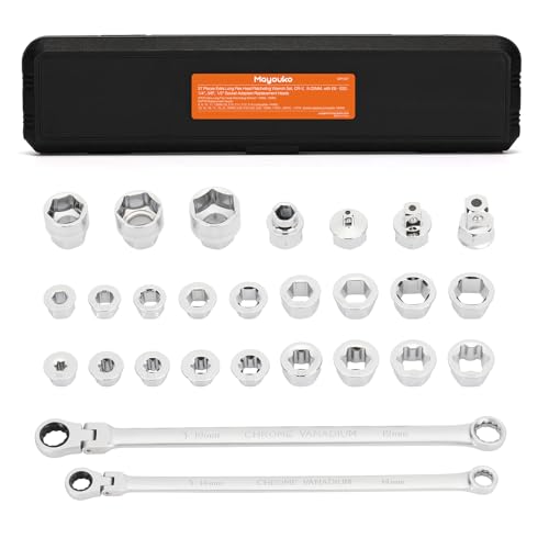 Mayouko 27PCS Extra Long Flex Head Ratcheting Wrench Set, 14 & 19mm Wrench, Double Box End Ratchet Wrench Set with E-type 8-22mm Replacement Heads, 72 Tooth, CR-V Steel