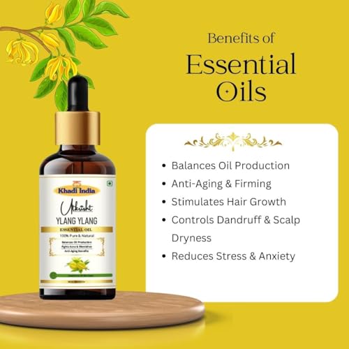 Image of Khadi YLANG YLANG Essential Oil 15 ml | Pure & Natural | For Skin Care, Dandruff & Dryness | Anti Aging Properties | Face & Body Massage Oil | All Skin Types | Aromatherapy for Men & Women