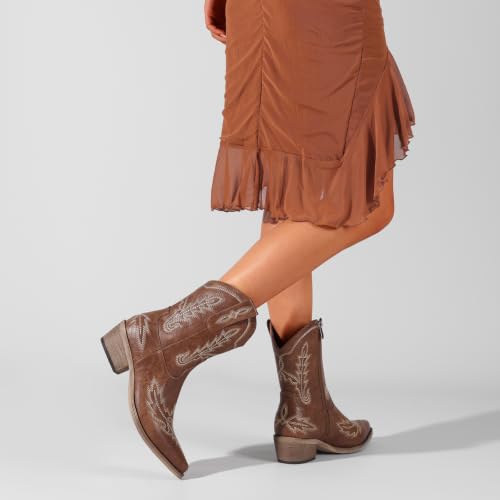 Image of Rhinestone Ankle Cowboy Boots for Women Embroidered Short Cowgirl Boots with Low Heel Side Zipper Comfortable Chunky Heel Western Booties for Prom Party Wedding Pull On Shoes