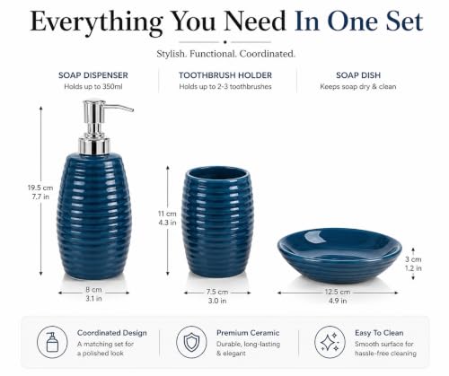 Image of Quace Ceramic Bathroom Accessories Set of 3, Soap Dispenser, Toothbrush Holder & Soap Dish, Modern Bathroom Decor Set for Wash Basin, Vanity Counter & Guest Bathroom (Ocean Blue)