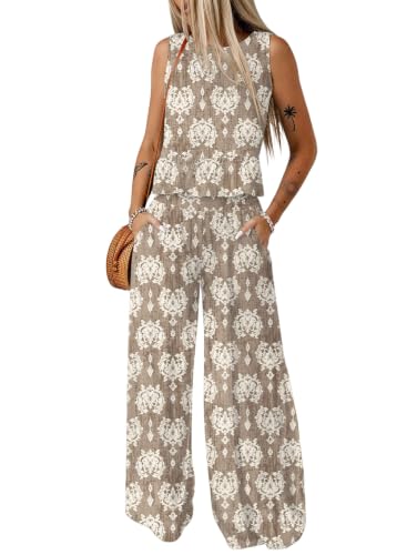 Image of Dokotoo Pants Sets Women 2 Piece Outfits Sleeveless Round Neck Tank Tops Matching Sets for Women Elastic Waist Wide Leg