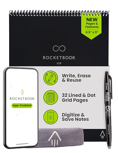 Rocketbook Flip Reusable Smart Notepad, Top Bound Spiral Notebook Lined and Dotted Pages Letter Size 8.5x11, Premium, Black (Pack of 1)