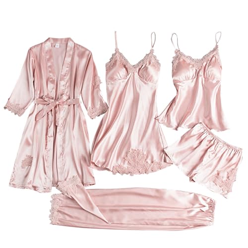 Rpporm Satin Schlafanzug Damen 5 Stücke Pyjama Set Spitze Kimono Morgenmantel Robe Sexy Negligee Cami Top und Shorts Hose Lang Nachthemd 5-teiliges Frauen Nachtwäsche