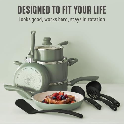 Image of GreenLife 16pc Ceramic Nonstick Pots & Pans Cookware Set, Sage Green | PFAS-Free Nonstick Coating, Stockpot, Frying Pans, Saucepan, Saute, Induction Ready, All Stovetop Compatible, Dishwasher Safe