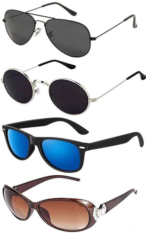 Y&S Unisex Black Aviator Sunglasses for Men and Women | UV400 Protection Shades & Stylish Frame Round Rectangular Butterfly Combo Offer Pack with Box – #2832