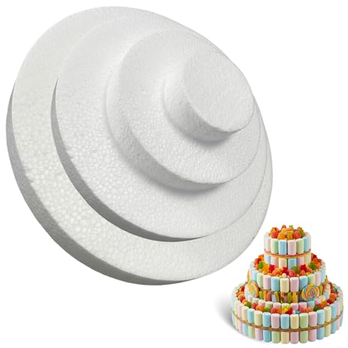 CHEFZOCO Molde de poliestireno para tartas, Juego de 4 pisos para tartas, Bases para tarta, Apto para para arreglos florales, cumpleaños, bodas, fiestas, Diseño circulos 4 niveles 10-20-30-40 cm