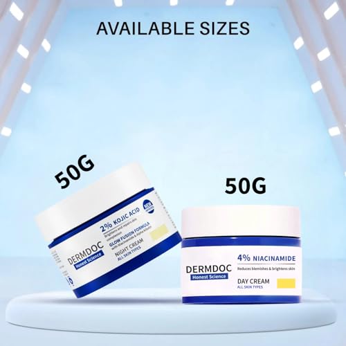 Image of DERMDOC Ultimate Skin Brightening 4% Niacinamide Face Day Cream (50 gm) for Glowing Skin & Improved Texture + 2% Kojic Acid Night Cream (50 gm) with Niacinamide & Alpha Arbutin for Dark Spot Reduction, Anti-Aging, and Even-Toned Radiance - Pack of Two