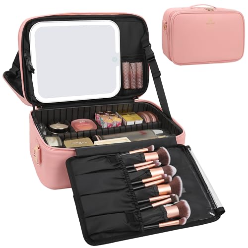 Trousse de maquillage rose avec miroir LED pour des retouches parfaites en voyage