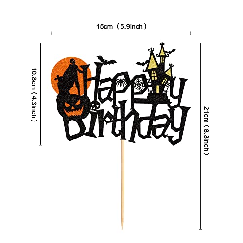 Cyodoos Halloween Cake Topper Happy Birthday Sign Cake Decorations For Halloween Wizard Ghost Zombie Pumpkin Bat Spider Birthday Party Supplies Black Sparkle Decor #TOP1