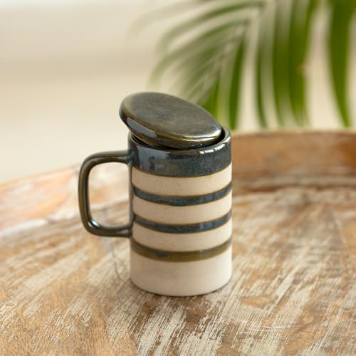 Image of ExclusiveLane 'Teal Stripes' Ceramic Green Tea & Coffee Mug with Lid (Non Air-Tight, 320 ml, Microwave Safe)|Hand Glazed Ceramic Green Tea & Coffee Mug with Lid Drinkware Ceramic Green Tea Mug