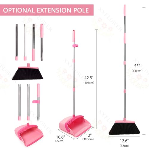 Image of Broom and Dustpan Set, Dustpans with Broom Combo for Home, Heavy Dust Broom and Dustpan Combo, Long Handle Dust Pan and Broom Set for Kitchen, Office, Pet Hair,Pink, Pack of 1