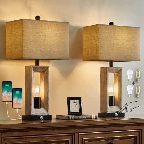 G-SAFAVA 25 inch Farmhouse Table Lamp Set of 2 with 2 USB Ports, 3 Way Dimmable Touch Control Nightstand Lamp，Vintage Modern Desk Lamps for Living Room Bedroom Hotel, 4 Bulbs Included