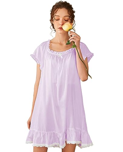 Image of Nanxson Women's Cotton Nightgown Short Sleeve Sleepwear Vintage Nightshirt | Summer Victorian Sleepdress,White Sleepshirt,U Neck Lace Loungewear,Soft Nightshirt,Loose Loungedress,Bride Nightwear