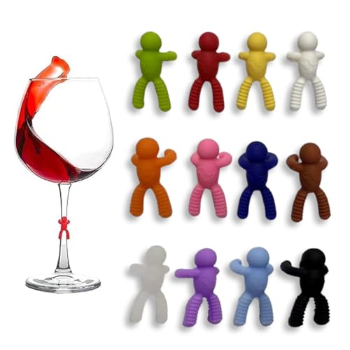 ZORVYN Conjunto de 12 marcadores de silicone reutilizáveis para taças de vinho, pequenos marcadores de figuras com ventosas, ideais para decoração de mesas em festas e reuniões.