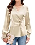 Blooming Jelly Womens Business Casual Blouses Dressy Work Tops Fall Fashion 2026 V Neck Pleated Long Sleeve Shirts(Apricot,Large)
