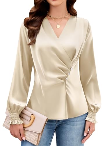 Blooming Jelly Womens Business Casual Blouses Dressy Work Tops Fall Fashion 2025 V Neck Pleated Long Sleeve Shirts(Apricot,Large)