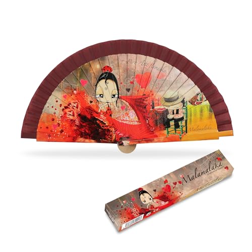 MALAMALAKA | Abanico De Madera Plegable De 23cm | Con Diseño Original Para Bodas, Comuniones o Detalles Para Invitados | Abanicos Para Invitados Con Caja De Cartón | ARTE FLAMENCO Borde Granate