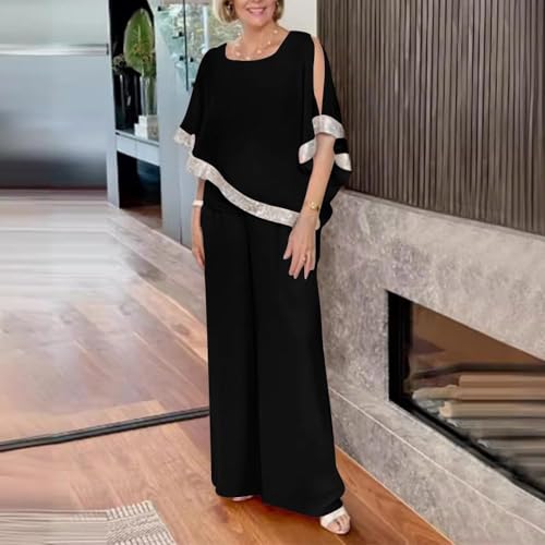 Women's Two Piece Outfits Crewneck Batwing Sleeve Wide Leg Chiffon Sequin Pant Suits Dressy Wedding Guest Pantsuits2