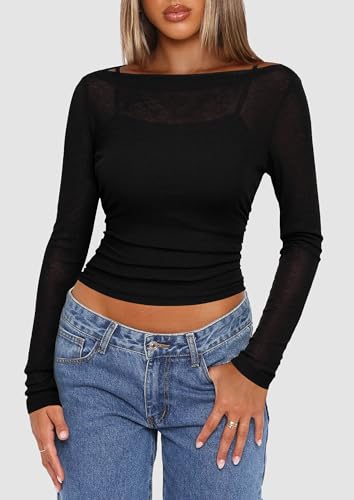 PRETTYGARDEN Women's Long Sleeve Sheer Crop Tops Boat Neck See Through Cover Up with Spaghetti Strap Camisole 2 Piece Blouses3