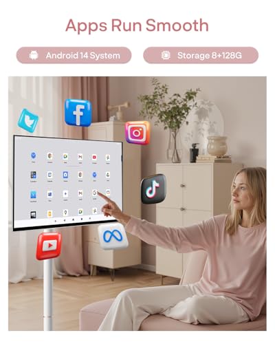 Image of SYLVOX 32 inch Portable Tablet on Wheels, Smart Touchscreen Monitor, Standbyme-Style, Android 14, 10,000mAh Battery (4-5H), 1080P, 8GB RAM 128GB Storage, Full Swivel, Google Play, White