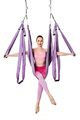 Aerial Yoga Swing Set – Antigravity Hammock for Inversion & Stretching – Ceiling or Doorway Hanging Yoga Sling for Adults & Kids (Purple)
