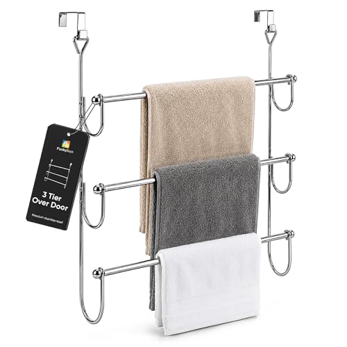 FB FunkyBuys Over Door Towel Rail - 3 Tier Over Door Clothes Airer - Chrome Over Door Drying Rack (48.5cm 10cm 54cm)