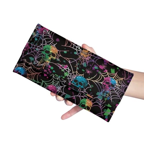 Image of AFPANQZ Colorful Skull Spider Web Leather Wallets for Women RFID Blocking Checkbook Wallet with Cit Card Slots Phone Holder Zip Pocket, Buckle Closure, Ladies Purse