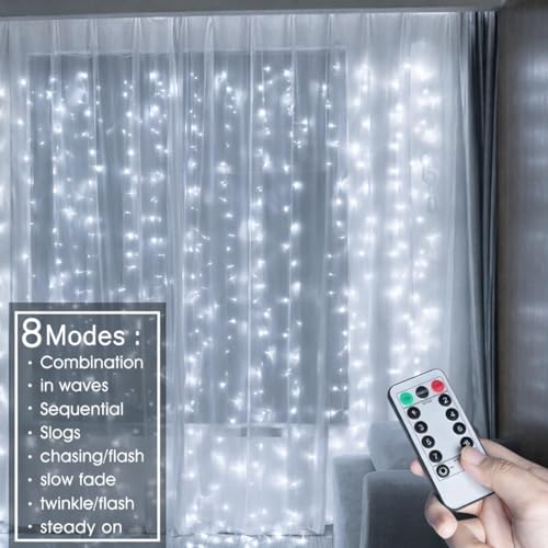Image of One94Store Fairy Curtain String Lights for Wall Decoration, USB Powered 300 LED's, 8 Flashing Modes, Window Backdrop Lights for Bedroom, Party, Diwali, Christmas - (3x3 Meter) White