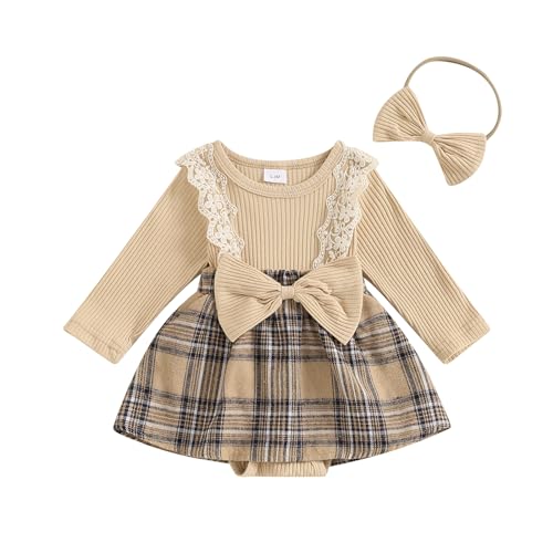 Image of MERSARIPHY Baby Girl Fall Winter Outfits Newborn Plaid Romper Dress Infant Long Sleeve Lace Ruffle Ribbed Knit Clothes Set(Beige,0-3 Months)