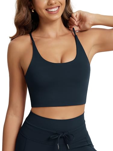 Image of ODODOS Halter Sports Bra for Women Non Padded Strappy Tops Yoga Crop, Deep Navy Bule, Medium