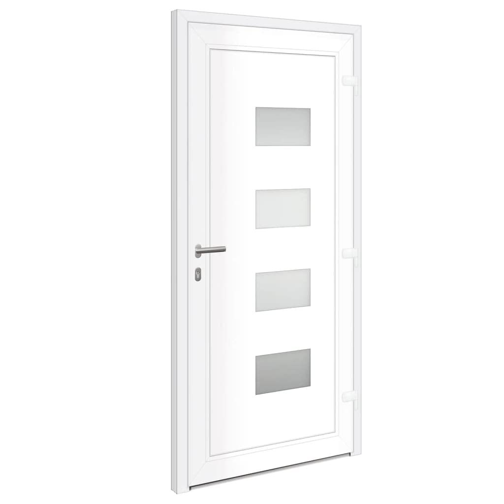 Białe drzwi wejściowe 100 x 210 cm z aluminium i PCW z solidną ramą, 5-drożnym zamkiem hakowym, przeszkleniem izolacyjnym i wzmocnieniem ze stali ocynkowanej, 3 regulowane zawiasy