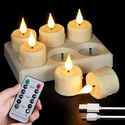 Image of Rechargeable Tea Lights with Remote and Timer, 6pcs Flameless Candles LED Flickering with Charging Base and USB Cable, Electric Votive Tealights Warm White