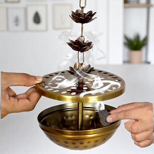 Image of Flower Hanging insence Burner | Dhuna Loban Burner Dhooni Dhoop Dhuni |Hanging Dhoop Batti Agardan Hanging Decor (Pack of 1) (Brass Antique)