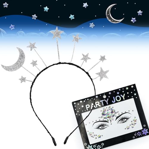 FUKPO Cerchietto per capelli Carnevale da donna, set con brillantini, luna, stelle, ragazze, bambini, bianco, argento, stella argentata, strass per viso, gemme e stelle, tatuaggi temporanei colorati