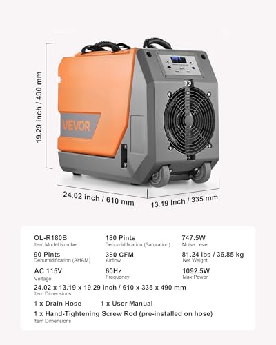Image of VEVOR 180 Pints Commercial Dehumidifier with Pump /Drain Hoses, Portable Crawl Space Dehumidifiers for Basement Storage Room Industrial Grade, Auto Defrost, Heavy-duty LLDPE,Foldable Handle