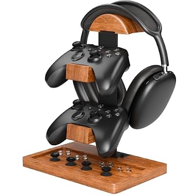 Tuykay Headset Stand with Controller Holder, 3-in-1 Solid Walnut Wood Gaming Desk Organizer, Compatible with Controllers, Display Mount for AirPods Max, Bose, Sennheiser, Gift for Gamers