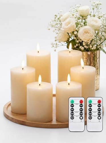 Image of Leelosp 6 Pack Flameless Candles with Remote Timer, Battery Operated Flickering Flameless Candles Bulk Flat Top Pillar LED for Wedding Festival Outdoor Home Decor D 3'' H 4'' 5'' 6'' (Ivory White)