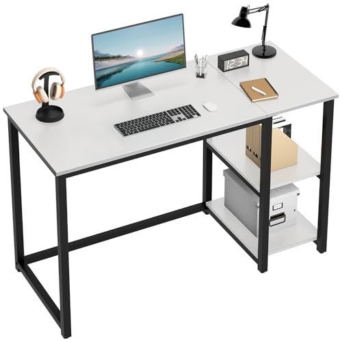 SINPAID Computer Desk 47 inches with 2-Tier Shelves Sturdy Home Office Desk with Large Storage Space Modern Gaming Desk Study Writing Laptop Table, White Desk