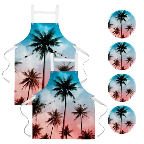 Lot de 2 tabliers de cuisine avec 4 broches, motif Cocotiers d'été multicolore