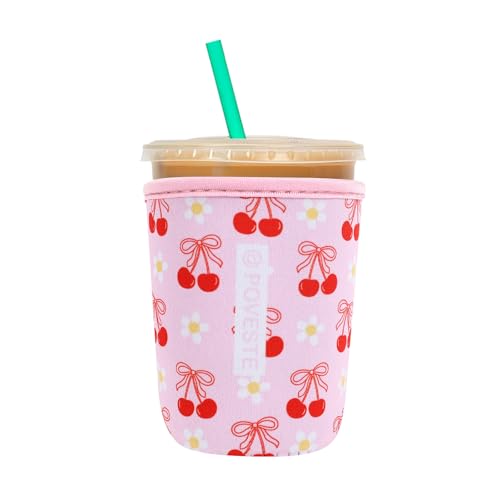 Image of Reusable Neoprene Insulator Sleeve for Iced Coffee & Cold Soda, Coffee Sleeves for Iced & Hot Drinks, Cold Beverage Cooler Compatible with Starbucks, Dunkin (Cherry Bomb, Small: 16-18oz)
